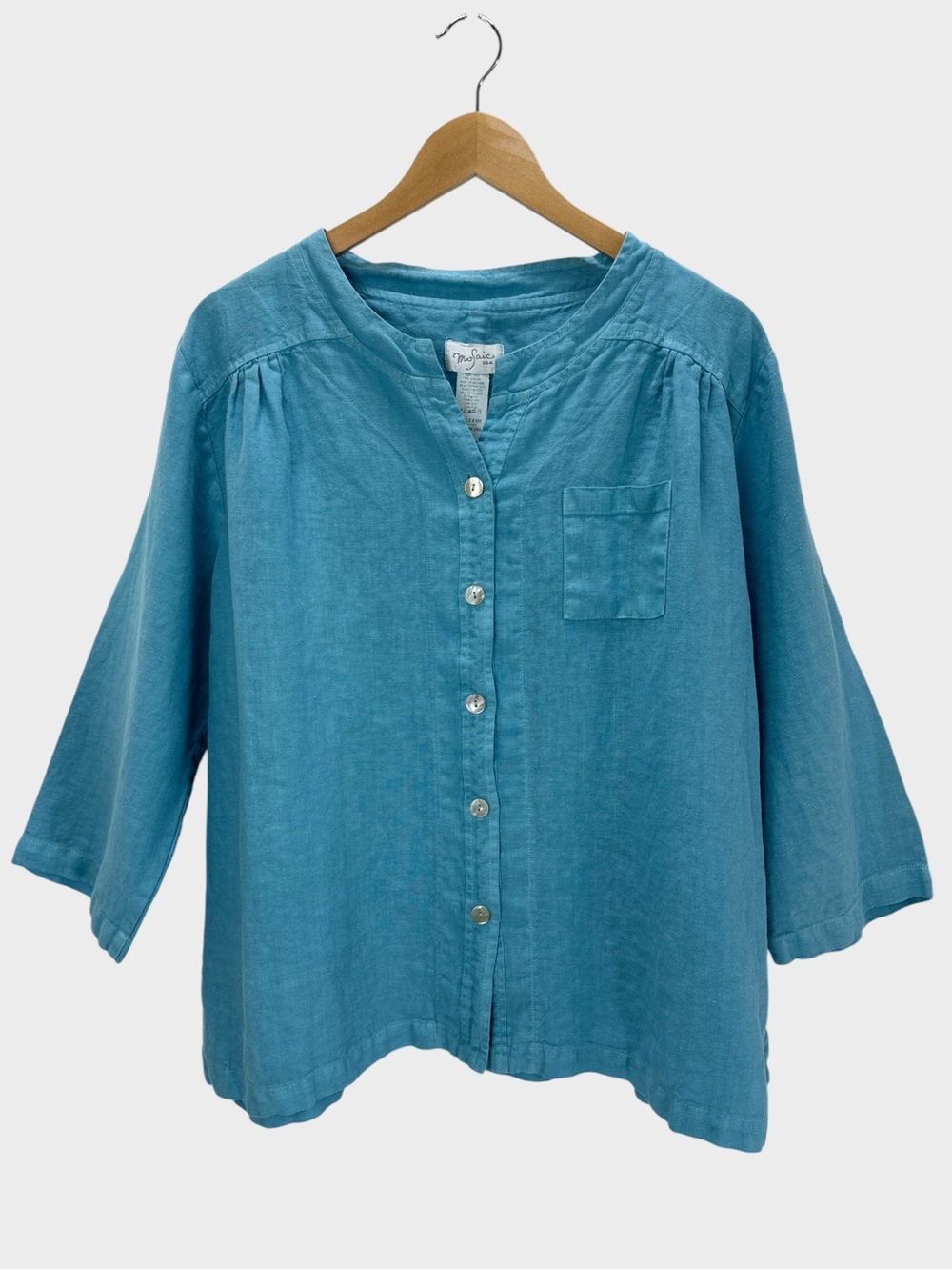 Mosaic USA Linen Button Front Tunic Blouse Lagenlook Coastal Resort Blue XL